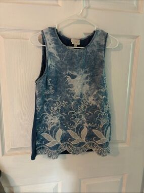 Sleeveless Blue Tie-Dye Tank with White Floral Embroidery